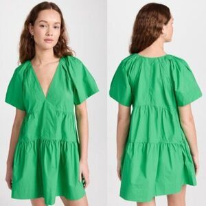 A.L.C. V-Neck Camila Short-Oversized Sleeve Tiered Mini Dress Green Size: 4